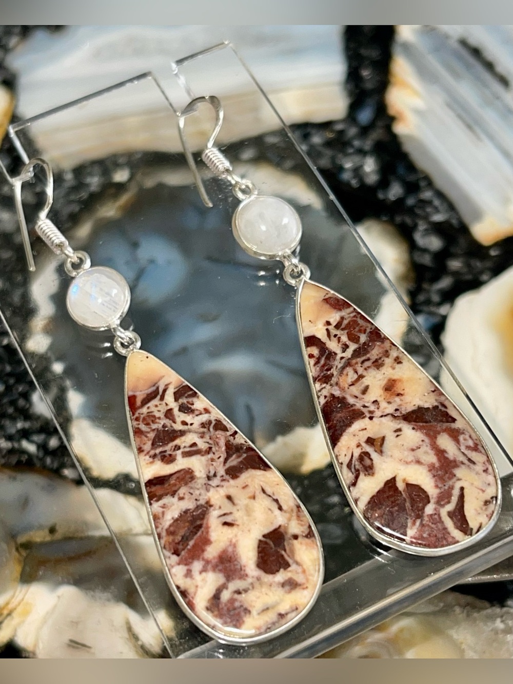 Coconut Jasper & Rainbow Moonstone Earrings 2 1/2”